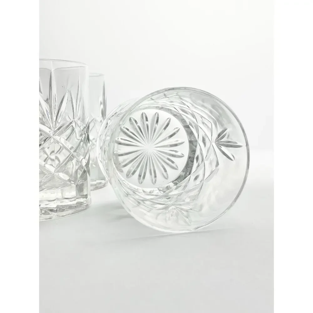 Vintage 4 Crystal Cocktail Old Fashioned Tumbler Glasses 4” 10oz Fan & X Cuts